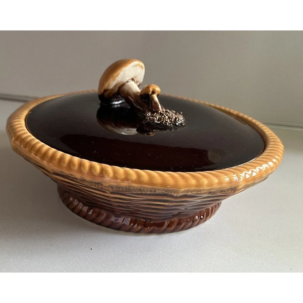 Tellurite Belgium Majolica Lidded Casserole Dish Mushrooms 1930's Vintage Brown
